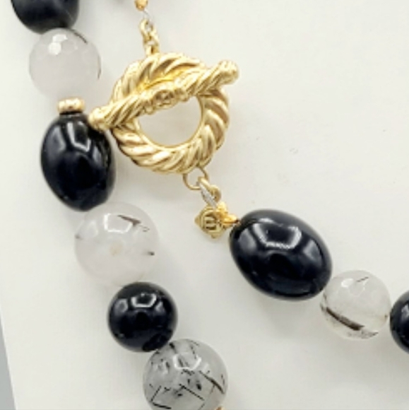 David Yurman 18k Gold Necklace With Black Onyx Rutilated Quartz and Pyrate Beads - Picture 2 of 2